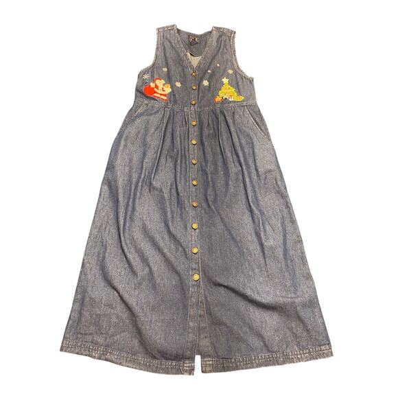 Vintage Jane Ashley Denim Jumper Dress Xmas Embroidered Santa Tree Sz PM - Picture 1 of 8